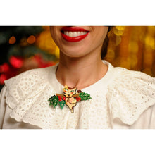 Load image into Gallery viewer, Kitty on A Holly Branch Brooch by Laliblue