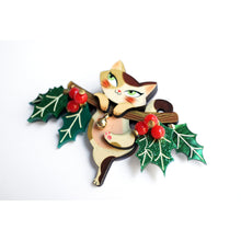Load image into Gallery viewer, Kitty on A Holly Branch Brooch by Laliblue