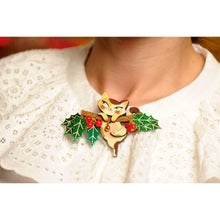 Load image into Gallery viewer, Kitty on A Holly Branch Brooch by Laliblue