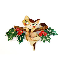 Load image into Gallery viewer, Kitty on A Holly Branch Brooch by Laliblue