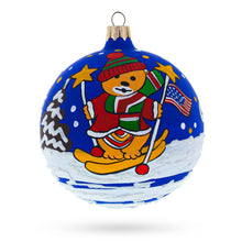 Load image into Gallery viewer, Bear Skiing with Snowman and USA Flag Glass Ball Christmas Ornament 4 Inches