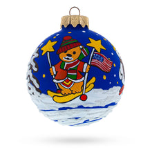 Load image into Gallery viewer, Bear Skiing with Snowman and USA Flag Glass Ball Christmas Ornament 3.25 Inches