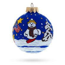 Load image into Gallery viewer, Bear Skiing with Snowman and USA Flag Glass Ball Christmas Ornament 3.25 Inches