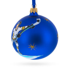 Load image into Gallery viewer, Hockey Player in Action on Blue Glass Ball Christmas Sports Ornament 4 Inches