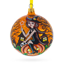 Load image into Gallery viewer, Enchanting Witch Riding Pumpkin Glass Ball Halloween Ornament 4 Inches