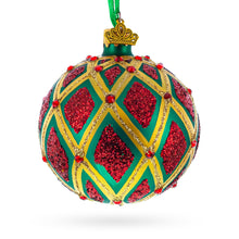 Load image into Gallery viewer, Glittered Red IKAT on Green Glass Ball Christmas Ornament 3.25 Inches