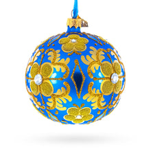Load image into Gallery viewer, Jeweled Golden Leaves on Blue Glass  Ball Christmas Ornament 4 Inches