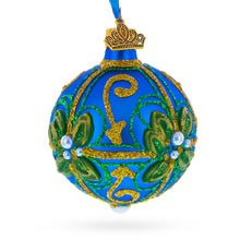 Load image into Gallery viewer, Green &amp; Gold Glitter Pearls &amp; Floral Accents Blue Glass Ball Christmas Ornament 2.4 Inches