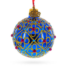 Load image into Gallery viewer, Red Beads, Blue Crystals &amp; Filigree Trellis Glitter on Gold Glass ball Ornament 2.4 Inches