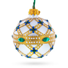 Load image into Gallery viewer, Yellow Trellis, Green Gems &amp; Royal Blue Accents Glass Ball Christmas Ornament 2.4 Inches