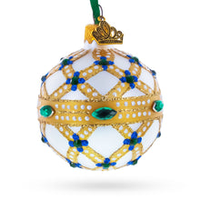 Load image into Gallery viewer, Yellow Trellis, Green Gems &amp; Royal Blue Accents Glass Ball Christmas Ornament 2.4 Inches