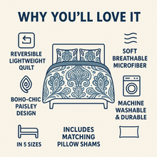 Load image into Gallery viewer, DaDa Bedding Bohemian Summertime White Blue Floral Paisley Bedspread Set (KSX-003)