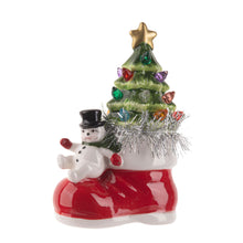 Load image into Gallery viewer, Light Up Ceramic Snowman w/Tree in Boot Figurine