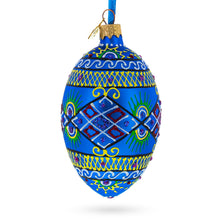 Load image into Gallery viewer, Blue Geometric Ukrainian Egg Glass Christmas Ornament 4 Inches
