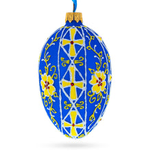 Load image into Gallery viewer, Blue with Yellow Floral Design Glass Egg Ornament 4 Inches