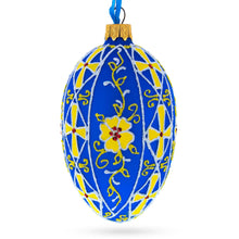 Load image into Gallery viewer, Blue with Yellow Floral Design Glass Egg Ornament 4 Inches