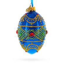 Load image into Gallery viewer, Jeweled Red on Blue Glass Egg Ornament 4 Inches