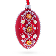 Load image into Gallery viewer, Jeweled Flowers on Red Glass Egg Christmas Ornament 4 Inches