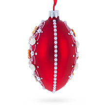 Load image into Gallery viewer, Jeweled Flowers on Red Glass Egg Christmas Ornament 4 Inches