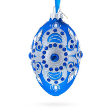 Load image into Gallery viewer, Silver on Blue Glass Egg Christmas Ornament 4 Inches