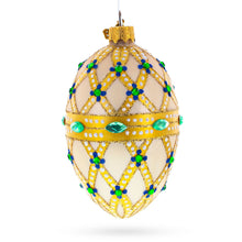 Load image into Gallery viewer, Yellow Trellis, Green Gems &amp; Royal Blue Accents Glass Egg Ornament 4 Inches