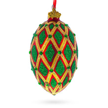 Load image into Gallery viewer, Jeweled Green IKAT on Red Glass Egg Christmas Ornament 4 Inches