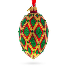 Load image into Gallery viewer, Jeweled Green IKAT on Red Glass Egg Christmas Ornament 4 Inches