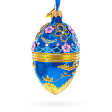 Load image into Gallery viewer, Flowers on Glossy Blue Glass Egg Christmas Ornament 4 Inches