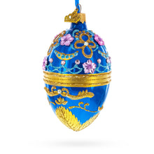 Load image into Gallery viewer, Flowers on Glossy Blue Glass Egg Christmas Ornament 4 Inches