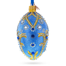 Load image into Gallery viewer, Jewels and Golden Scrolls on Glitter Blue Glass Egg Christmas Ornament 4 Inches