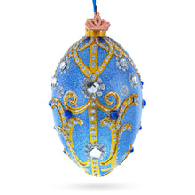 Load image into Gallery viewer, Jewels and Golden Scrolls on Glitter Blue Glass Egg Christmas Ornament 4 Inches