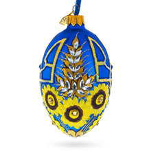 Load image into Gallery viewer, Ukrainian Coat of Arms and Sunflowers Glass Egg Ornament 4 Inches