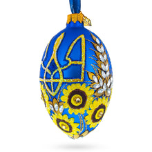 Load image into Gallery viewer, Ukrainian Coat of Arms and Sunflowers Glass Egg Ornament 4 Inches