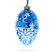 Load image into Gallery viewer, White Pearled Flowers on Glossy Blue Glass Egg Ornament 4 Inches