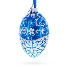 Load image into Gallery viewer, White Pearled Flowers on Glossy Blue Glass Egg Ornament 4 Inches