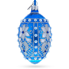 Load image into Gallery viewer, Pearls on Blue Glass Egg Ornament 4 Inches