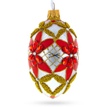 Load image into Gallery viewer, Red Jeweled Stars on White Glass Egg Ornament 4 Inches