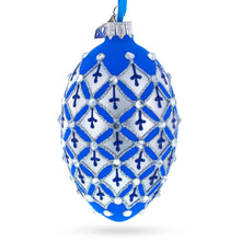 Load image into Gallery viewer, Silver Diamonds on Blue Glass Egg Ornament 4 Inches