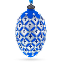 Load image into Gallery viewer, Silver Diamonds on Blue Glass Egg Ornament 4 Inches