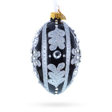 Load image into Gallery viewer, Silver and Crystal Floral Pattern on Black Glass Egg Ornament 4 Inches