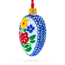Load image into Gallery viewer, White with Multicolor Floral and Blue Lace Accents Mini Glass Egg Ornament 2.9 Inches
