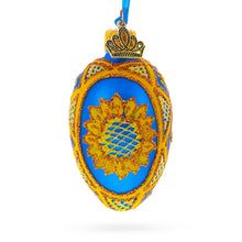 Load image into Gallery viewer, Cobalt Blue with Yellow Sunflower and Red Glitter Accents Mini Glass Egg Ornament 2.9 Inches