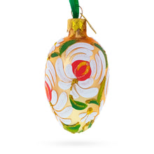 Load image into Gallery viewer, Golden with White and Orange Floral Swirl Design Mini Glass Egg Ornament 2.9 Inches