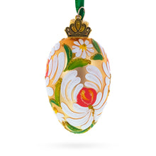 Load image into Gallery viewer, Golden with White and Orange Floral Swirl Design Mini Glass Egg Ornament 2.9 Inches