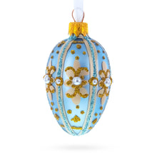 Load image into Gallery viewer, Powder Blue with Gold Glitter and Pearl Accents Mini Glass Egg Ornament 2.9 Inches