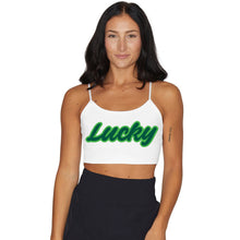 Load image into Gallery viewer, Cursive Lucky White Spaghetti Strap Crop Top