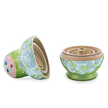 Load image into Gallery viewer, Green Color with White Flowers Wooden  Nesting Dolls