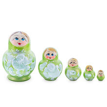 Load image into Gallery viewer, Green Color with White Flowers Wooden  Nesting Dolls