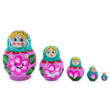 Load image into Gallery viewer, Green Hood with Pink Flower Pink Wooden  Nesting Dolls