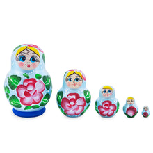 Load image into Gallery viewer, Light Blue Color with Red Flower Wooden  Nesting Dolls